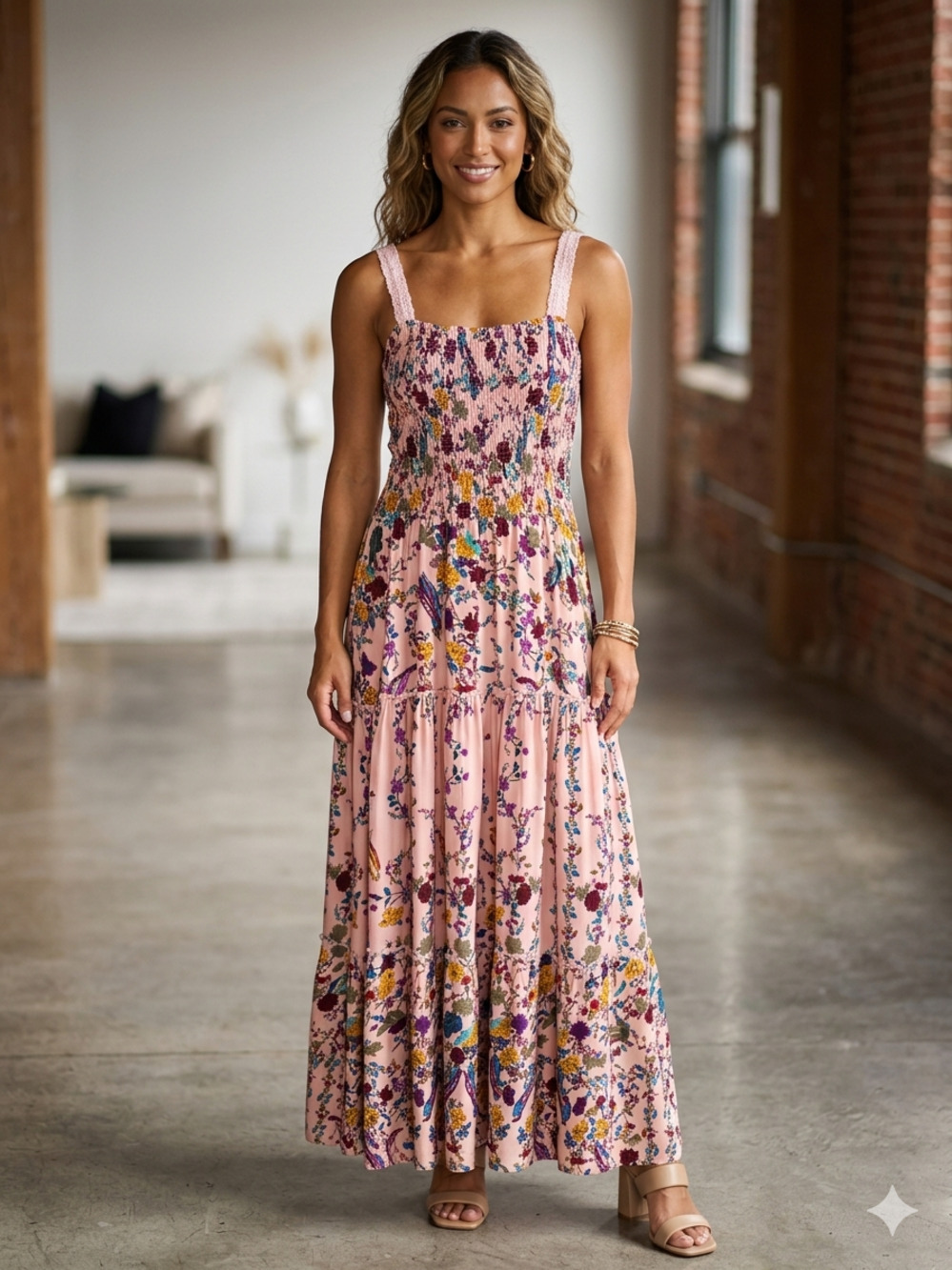 Jaase Boho Pink Floral Bird Print Smocked Tiered Maxi Dress with Crochet Straps